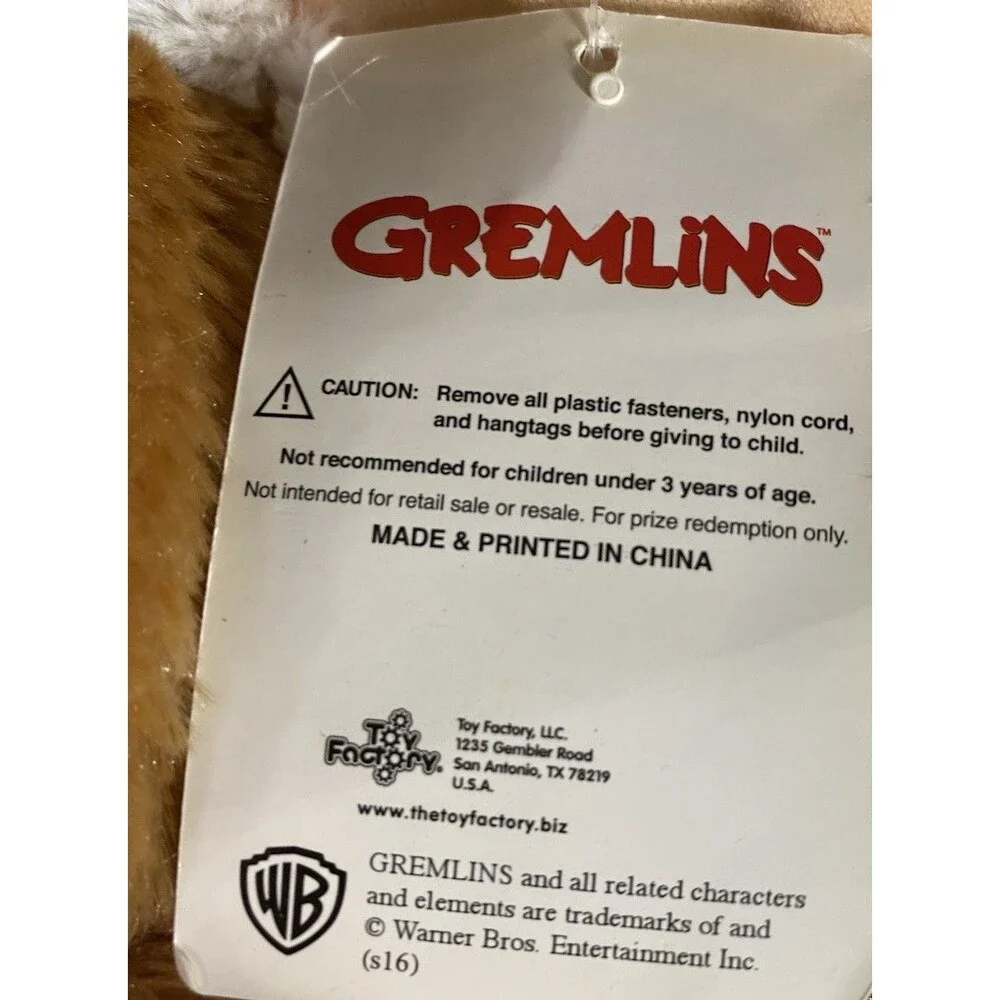 Gremlins Gizmo Mogwai Plush Toy Factory Warner Bros w Tag Brown White 10.5”